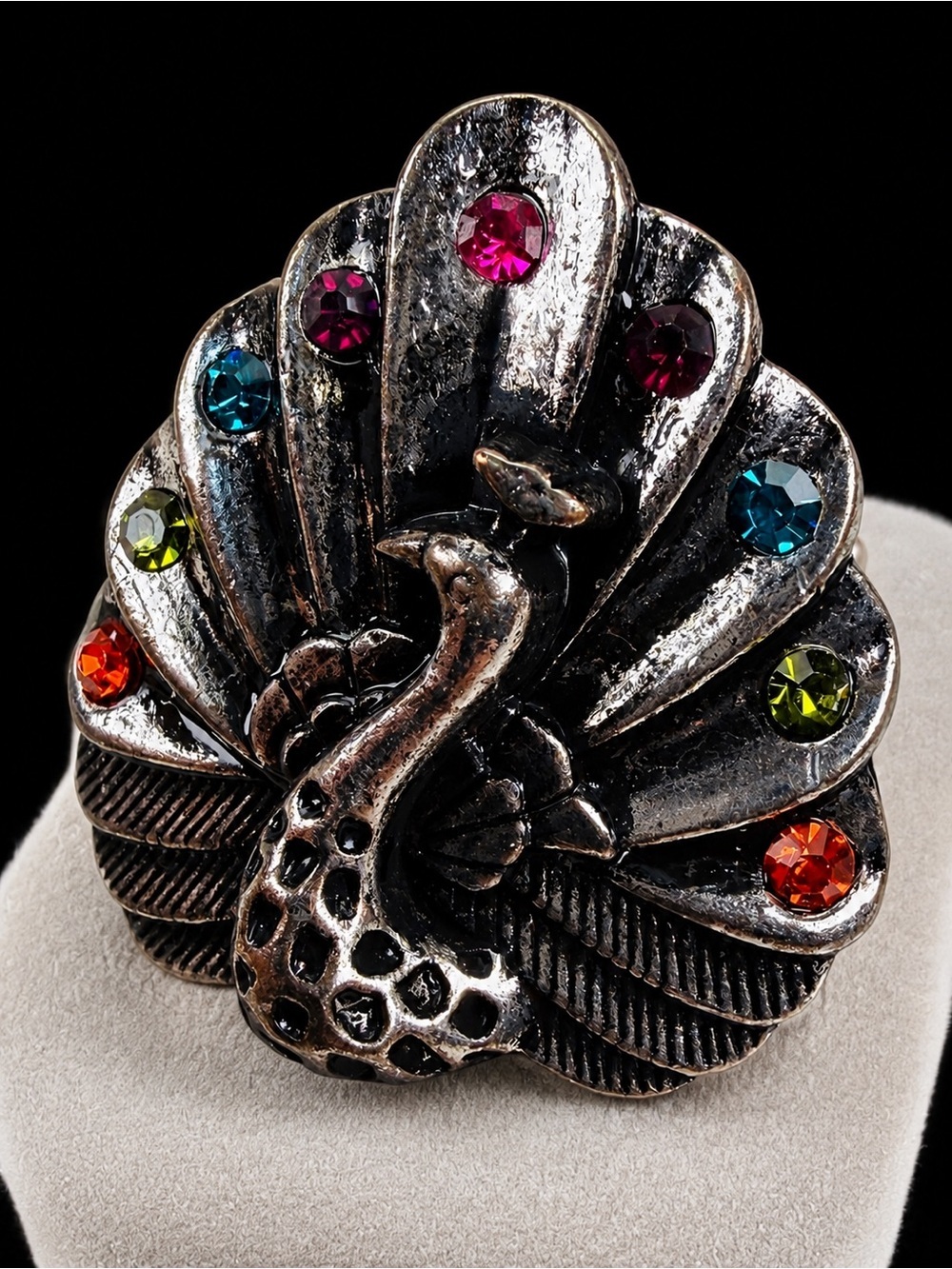Vintage Peacock Multicolor Rhinestone Stretch Statement Ring Size 7.5